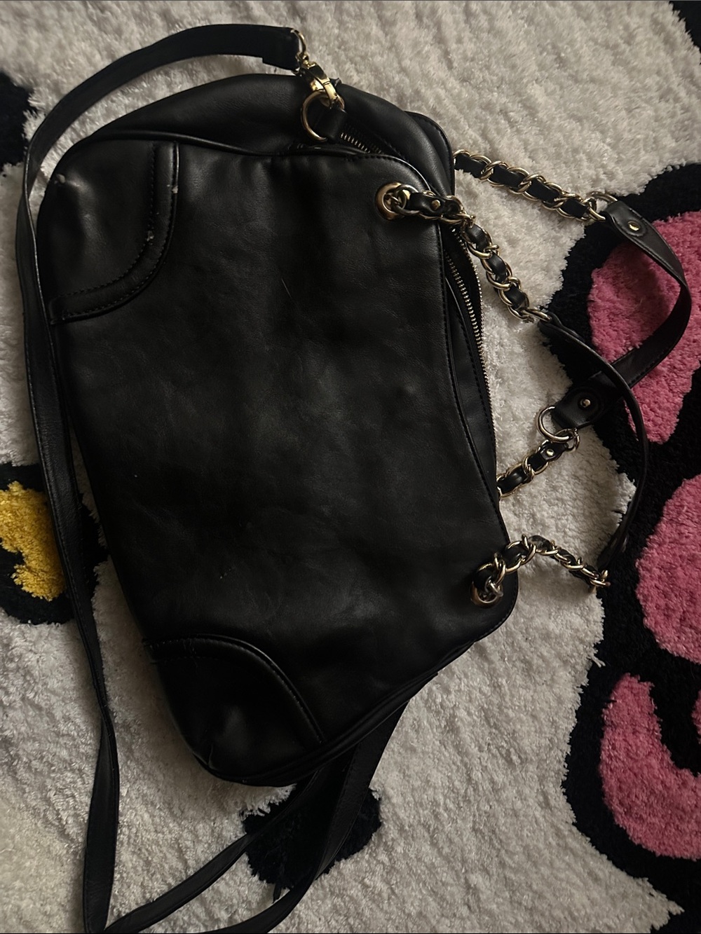 Black Leather Chain-Accent Shoulder Bag